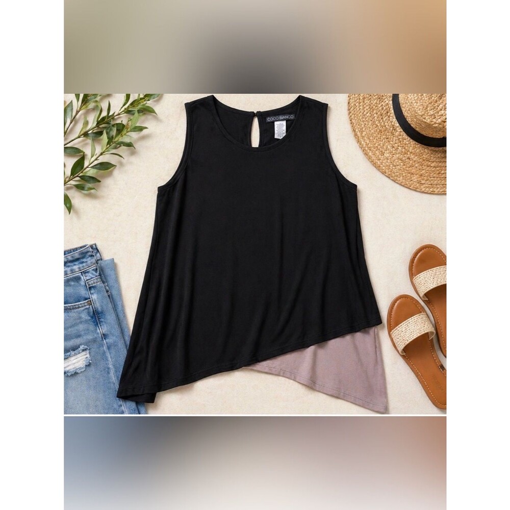 Coco Bianco Asymmetrical Layered Tank Top XL Black Taupe Hem Stretchy Sleeveless